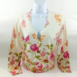 Talbots Floral Cotton Blend Button Long Sleeve Cardigan Cream Pink Small Petite